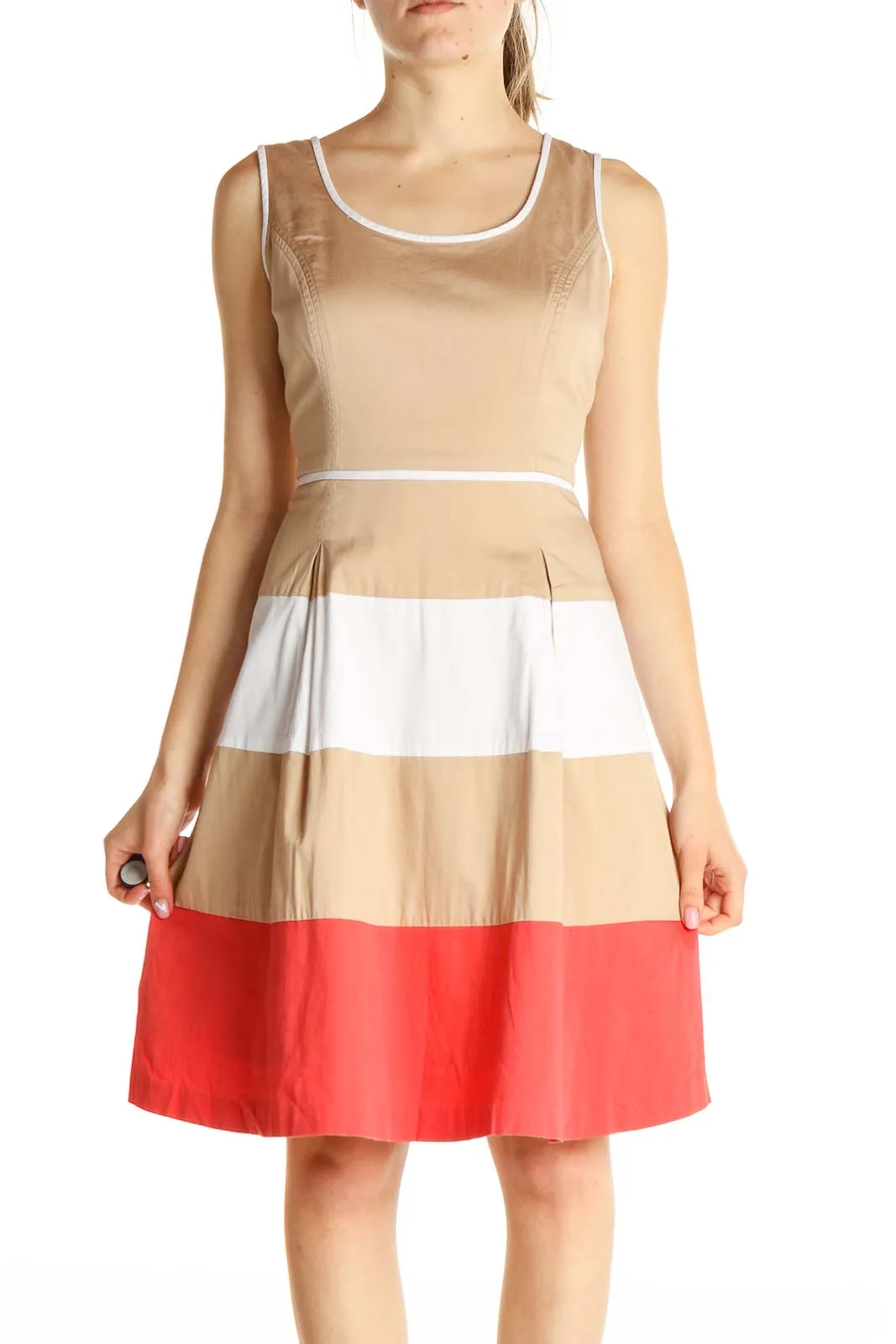 Beige Colorblock Fit & Flare Dress