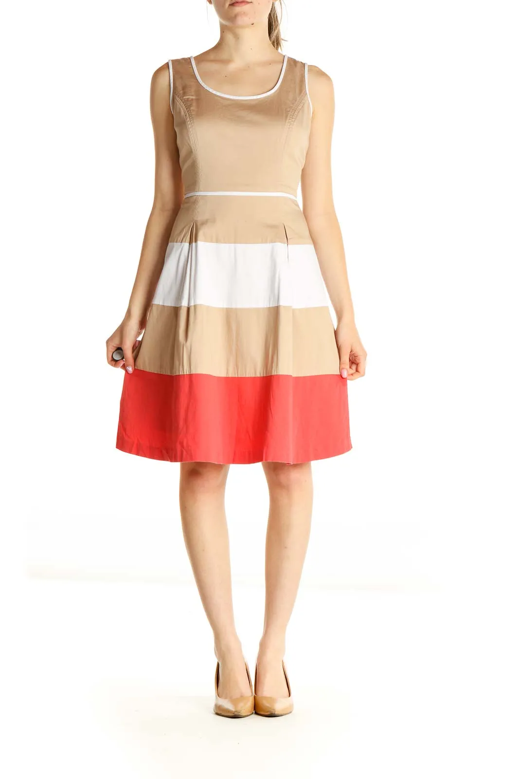 Beige Colorblock Fit & Flare Dress