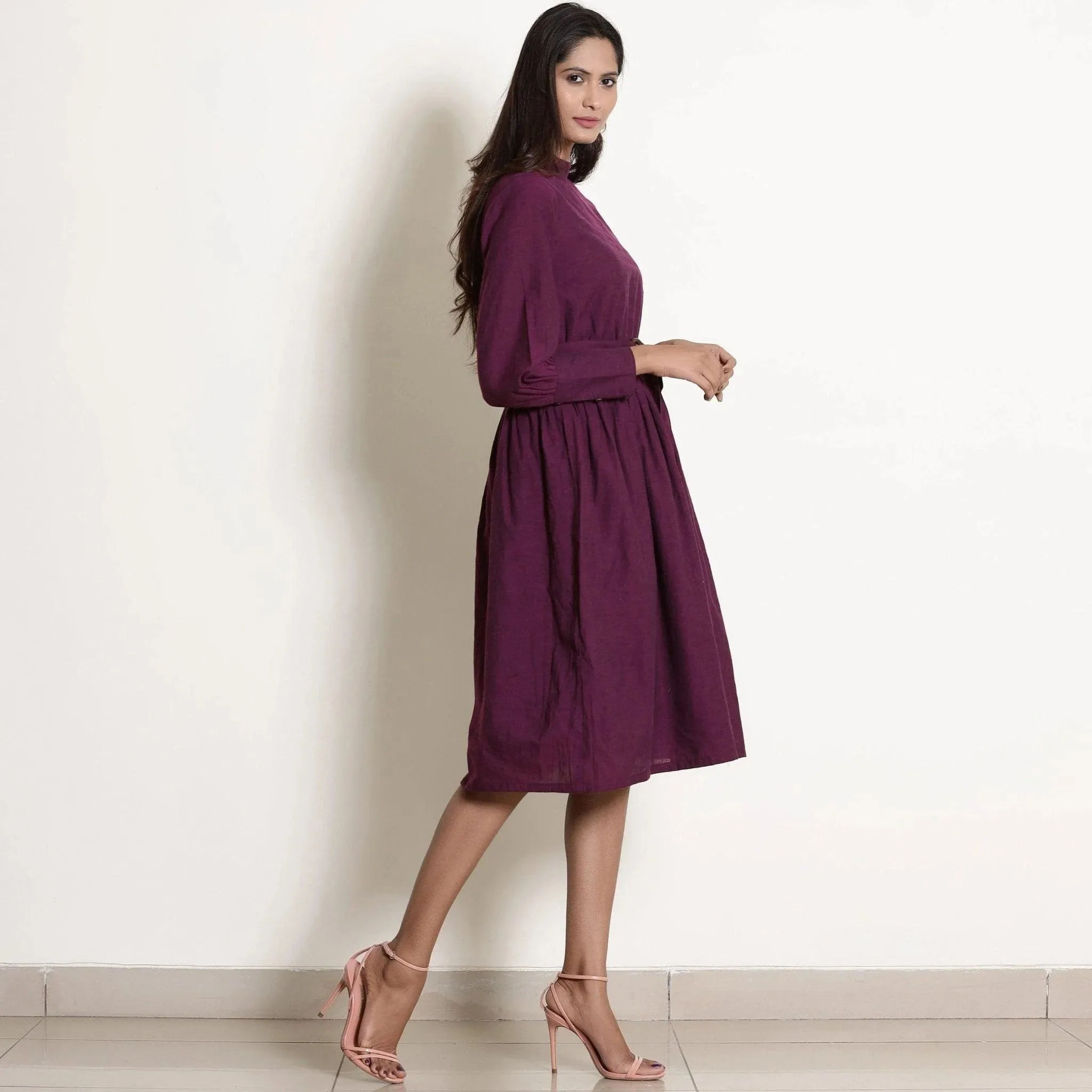 Berry Wine Warm Cotton Fit Knee Length Fit and Flare Dress