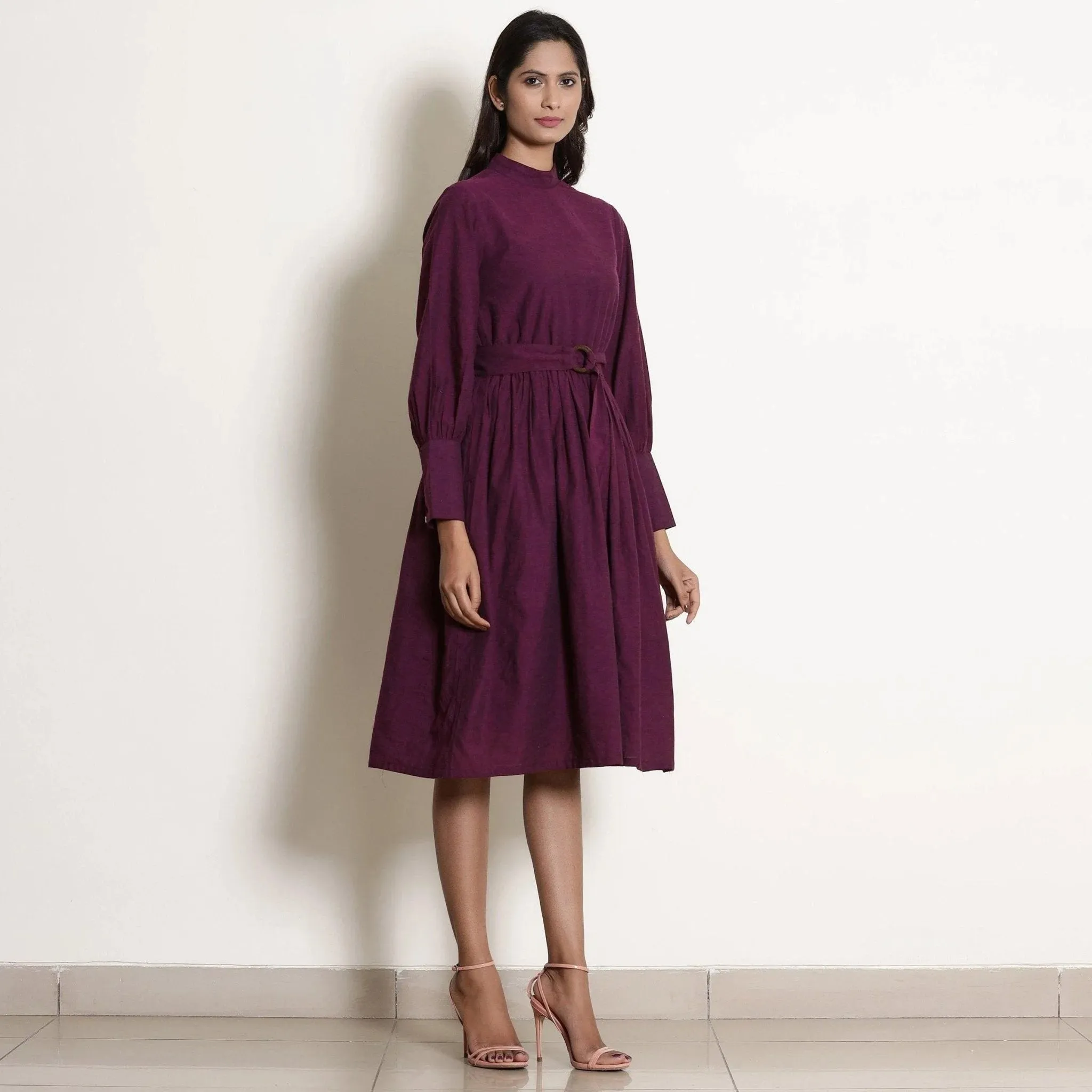 Berry Wine Warm Cotton Fit Knee Length Fit and Flare Dress