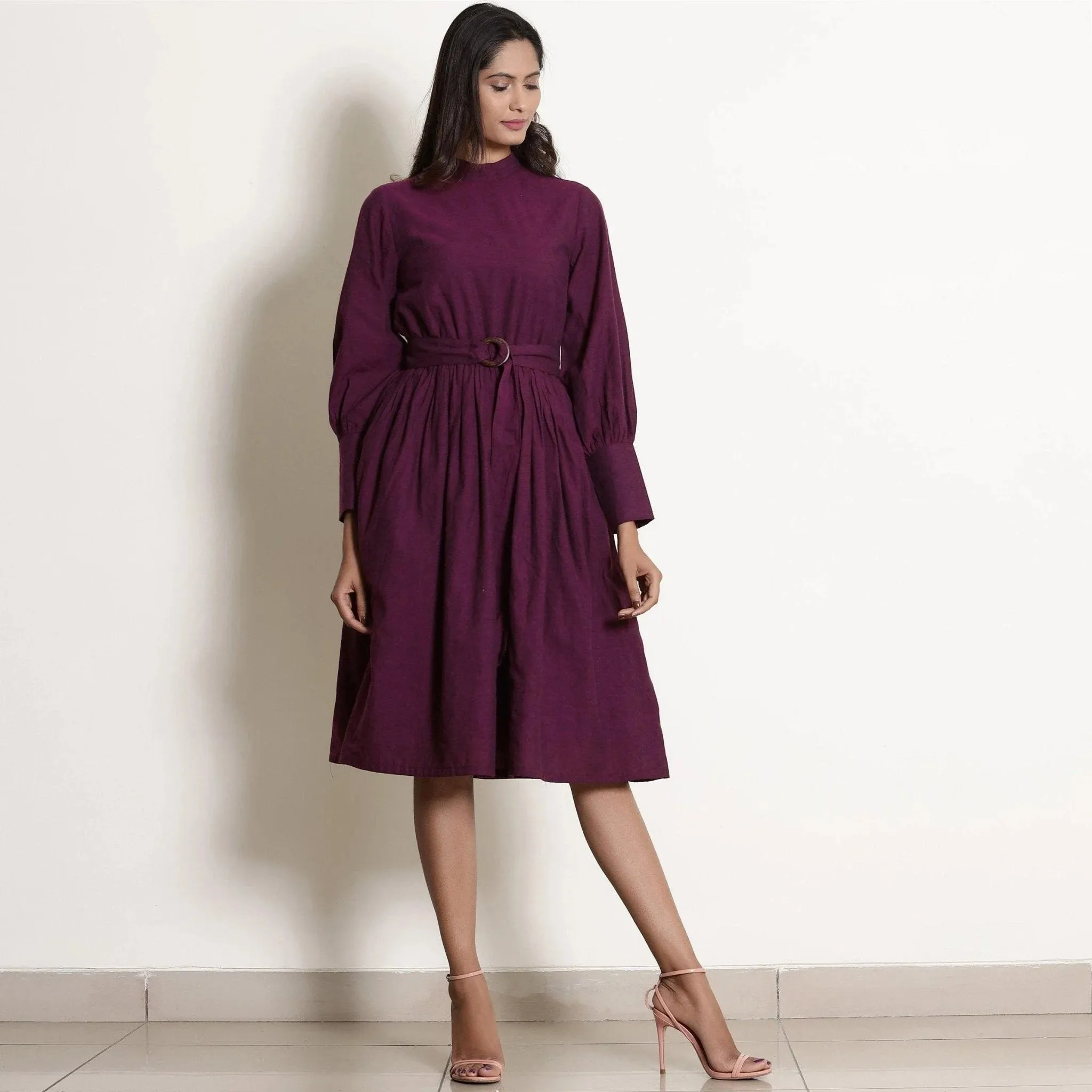 Berry Wine Warm Cotton Fit Knee Length Fit and Flare Dress