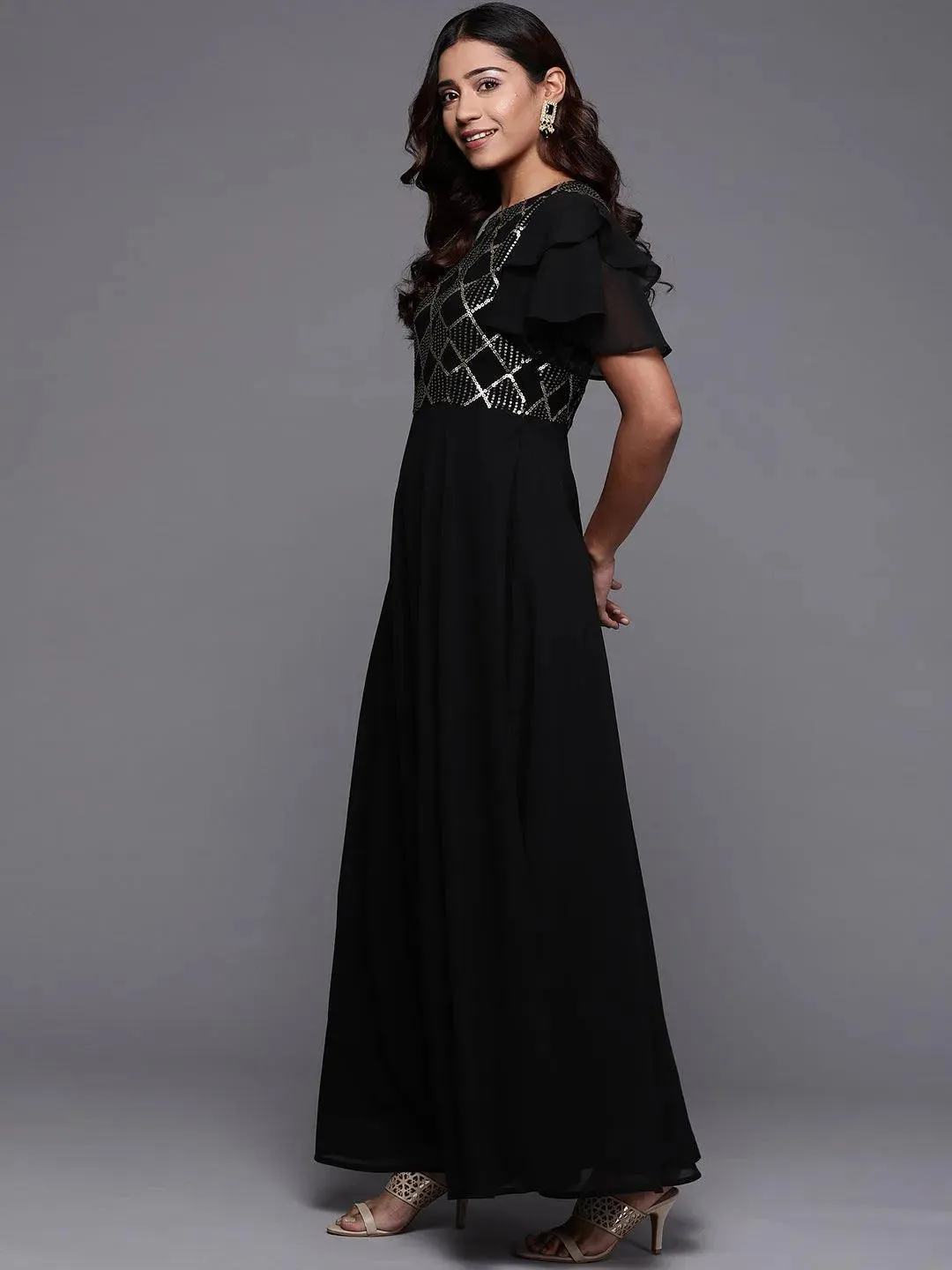 Black Embellished Georgette Fit and Flare Dress