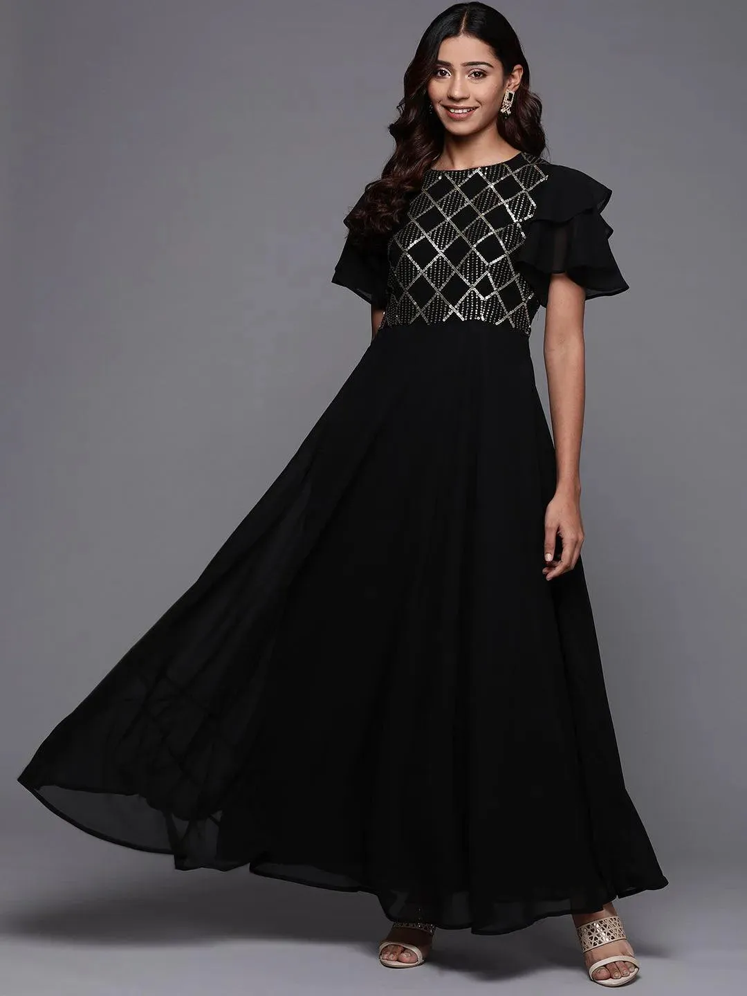 Black Embellished Georgette Fit and Flare Dress