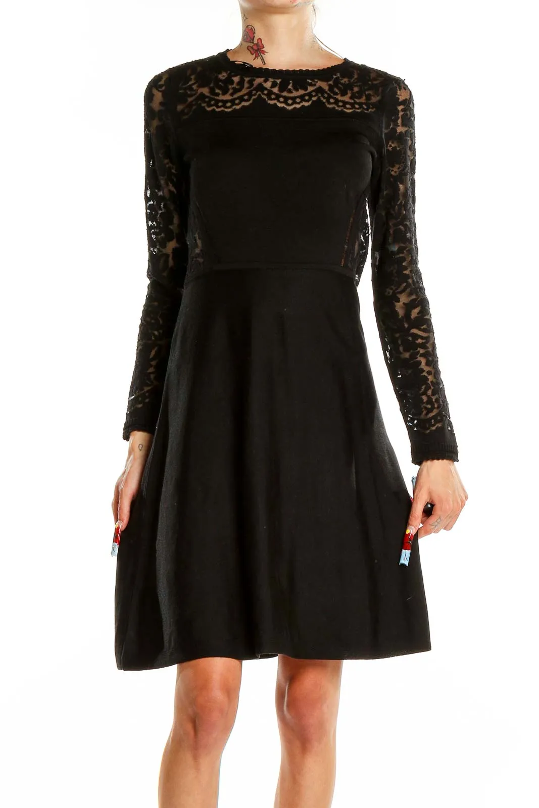 Black Lace-Sleeve Fit-and-Flare Dress