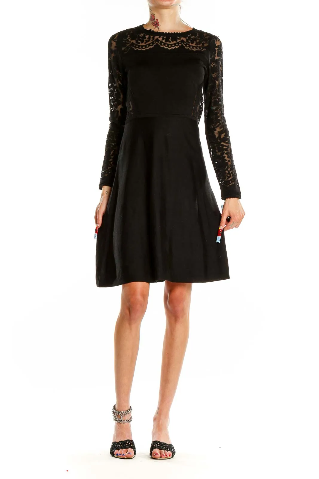 Black Lace-Sleeve Fit-and-Flare Dress