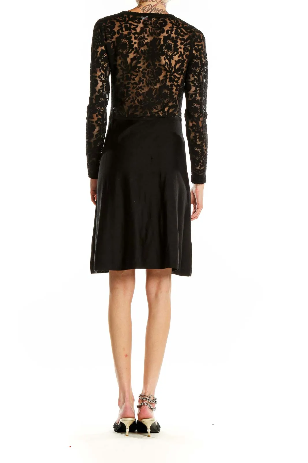 Black Lace-Sleeve Fit-and-Flare Dress