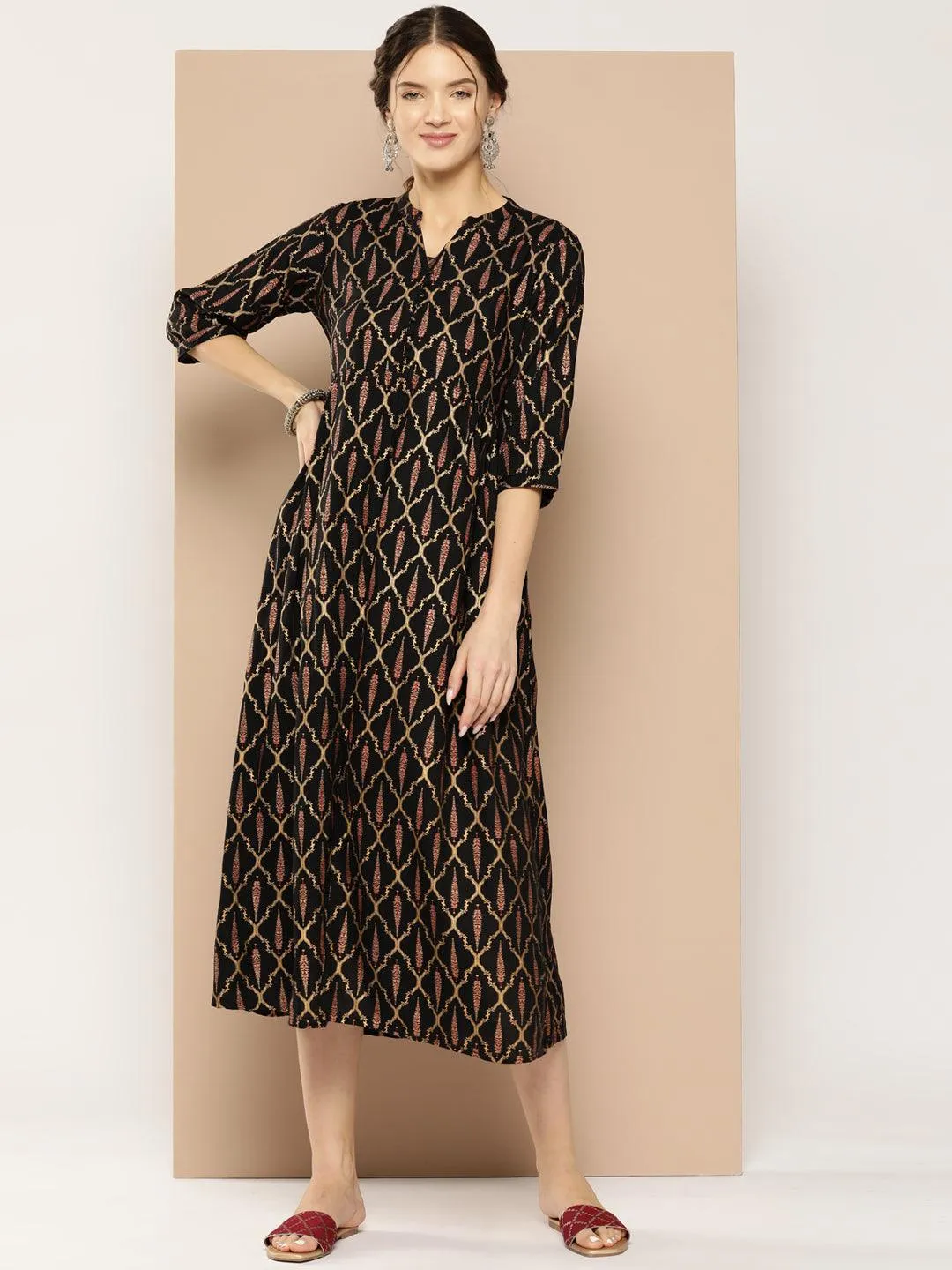 Black Printed Rayon Fit and Flare Dress