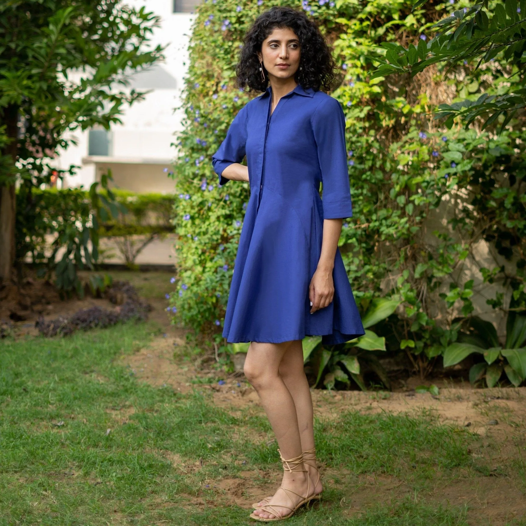 Blue Cotton Poplin Fit and Flare Short Button-Down Shirt Dress