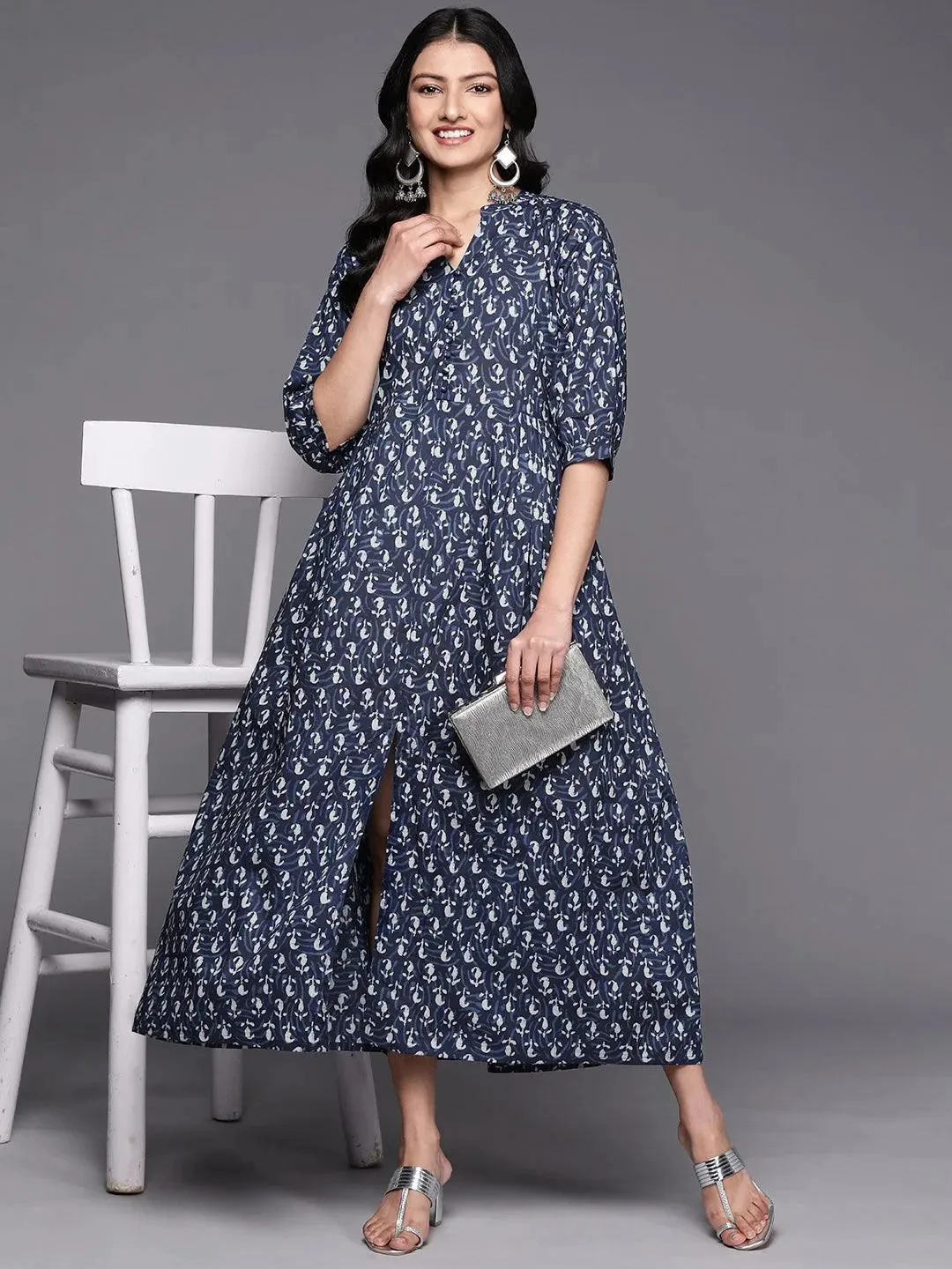 Blue Printed Cotton Fit and Flare Dress