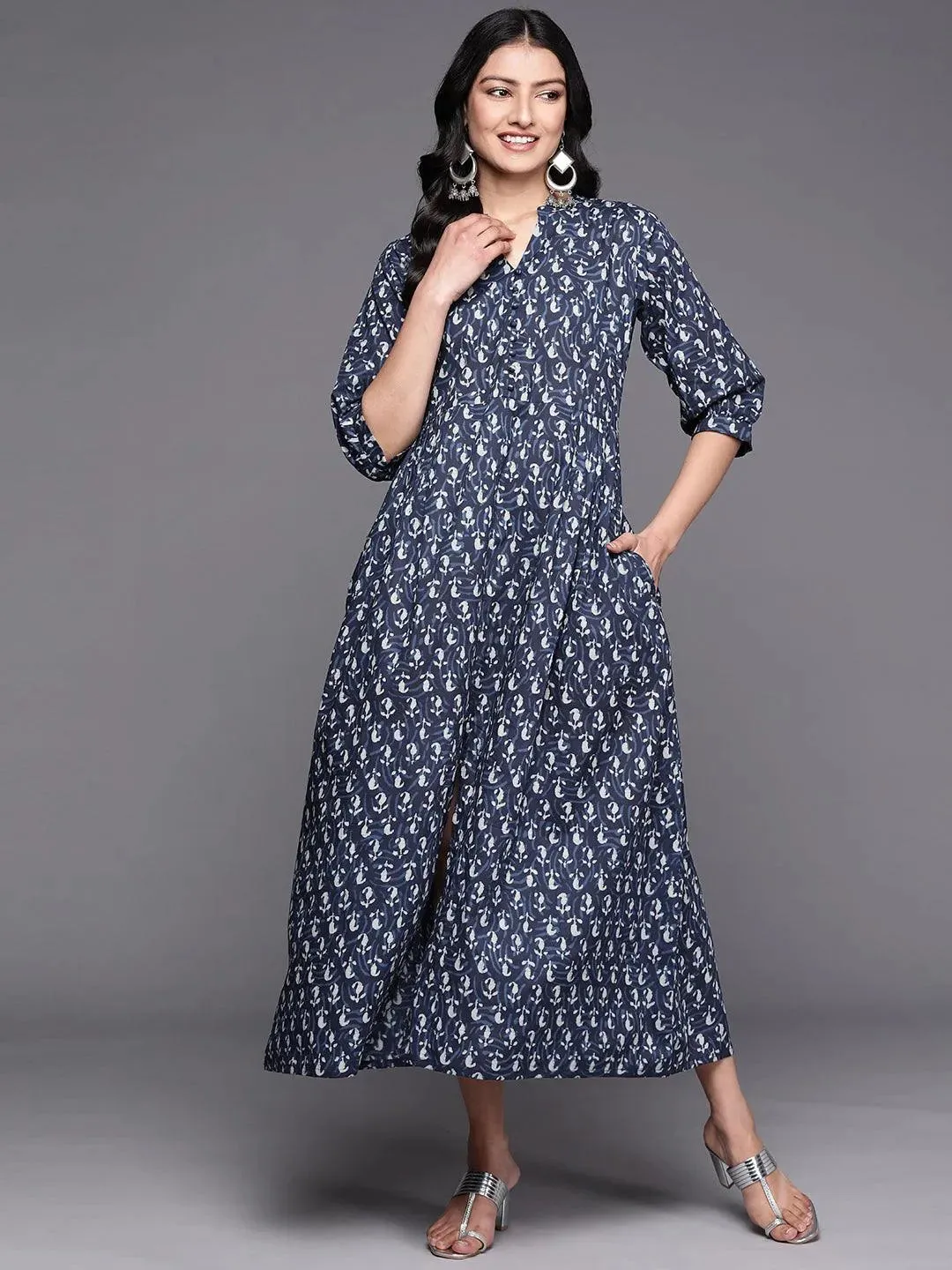 Blue Printed Cotton Fit and Flare Dress