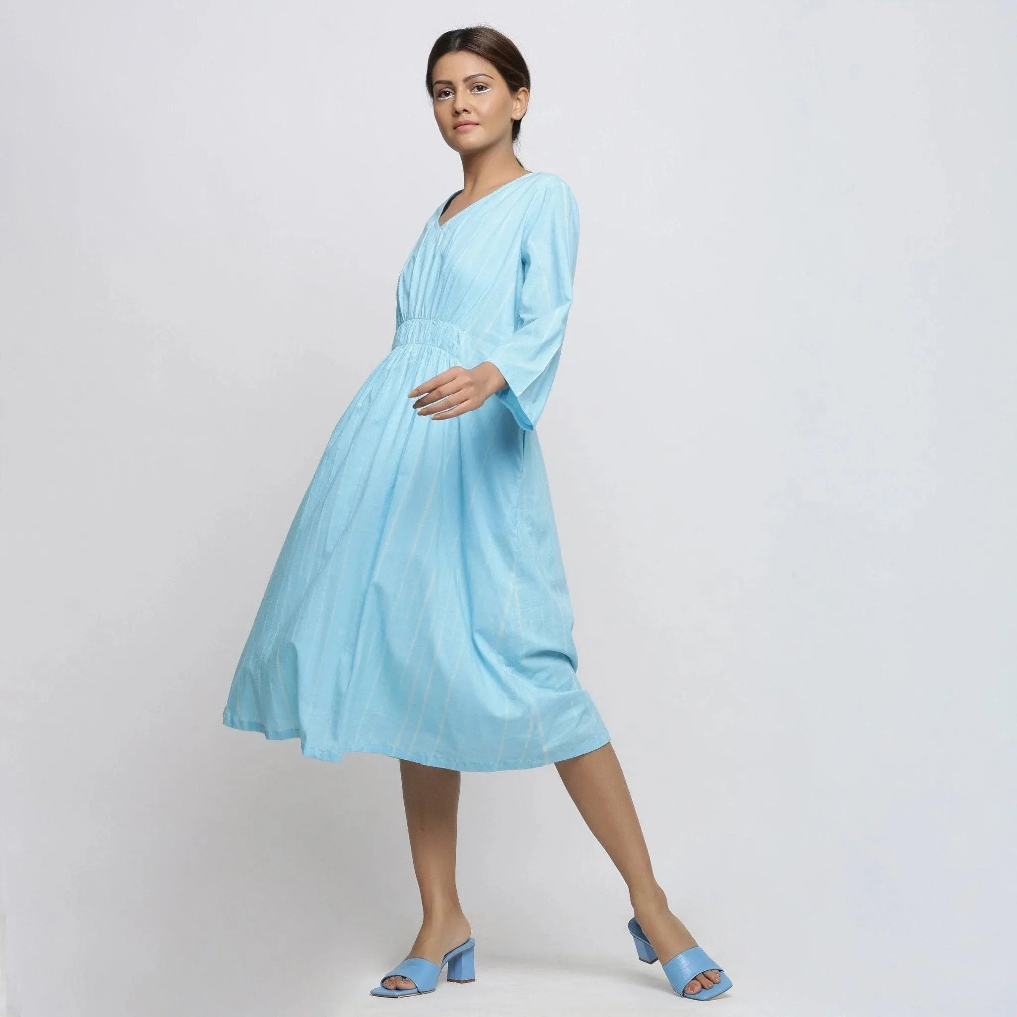 Blue Tie-Dye Cotton Midi Fit and Flare Dress