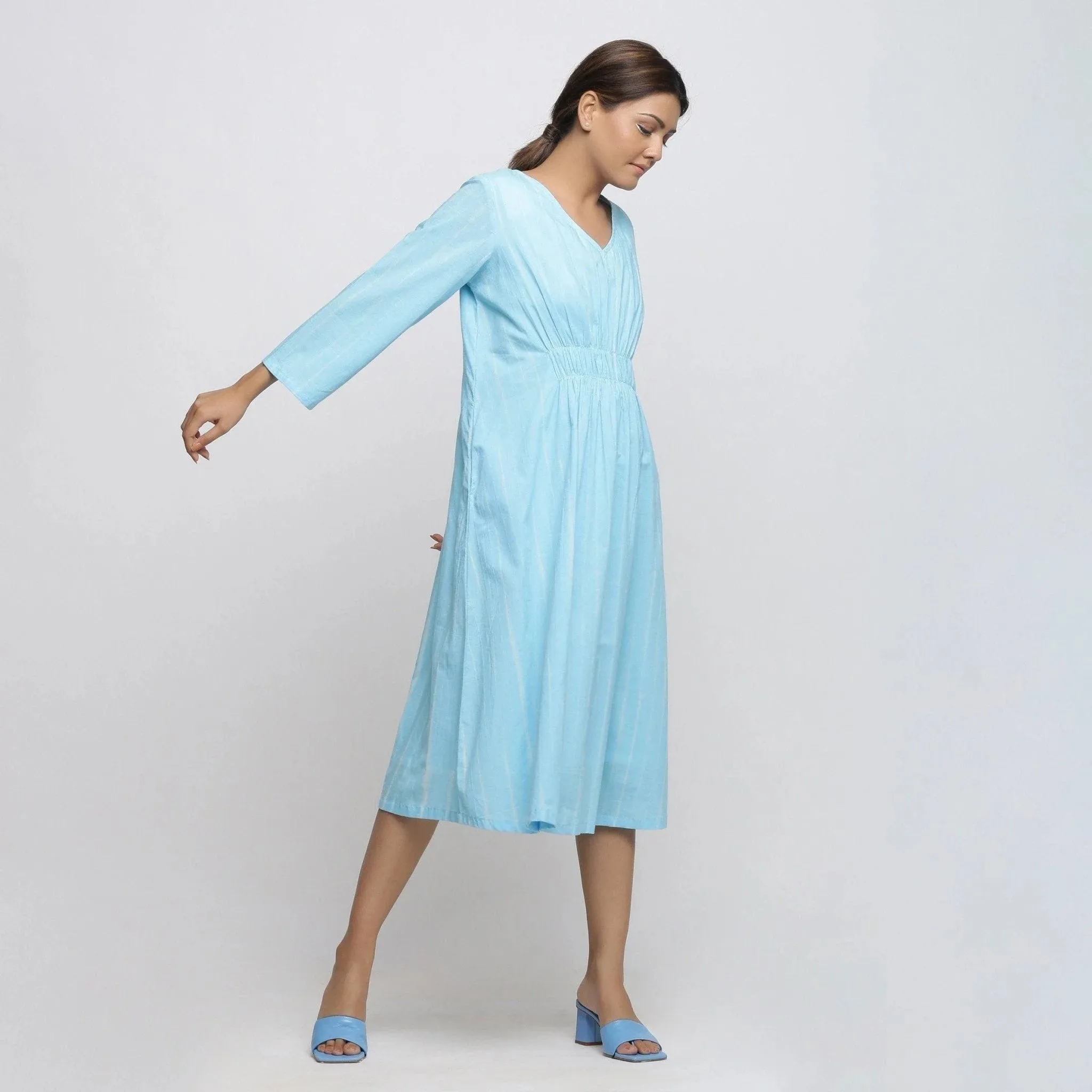 Blue Tie-Dye Cotton Midi Fit and Flare Dress