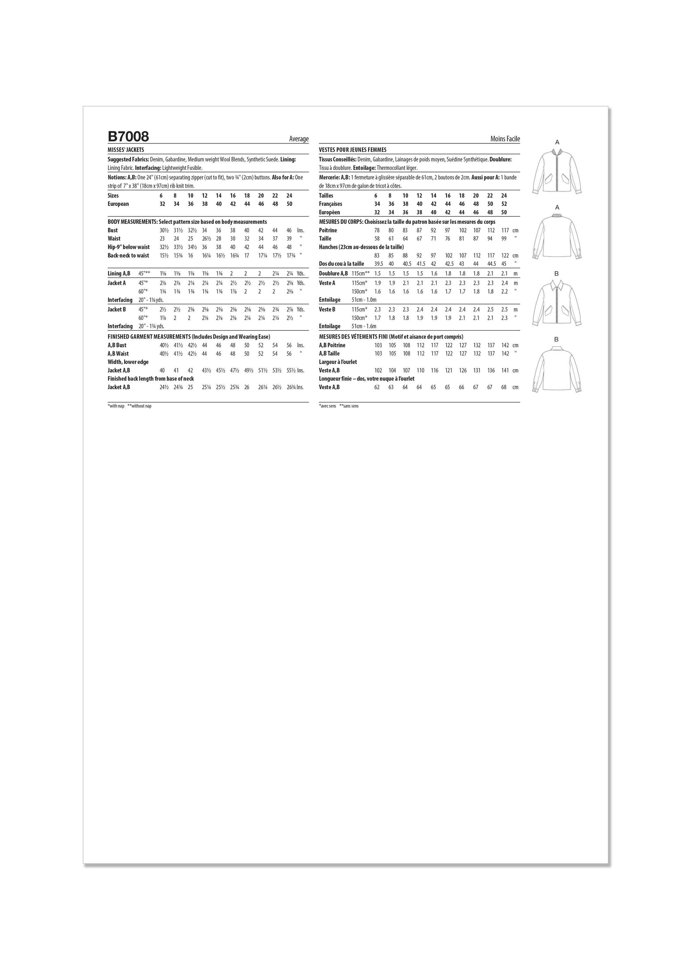 Butterick sewing pattern B7008 Misses' Bomber Jackets