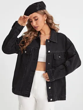 Casual Plain Pocket Long Sleeve Collar Short Women Denim Jacket & Coat