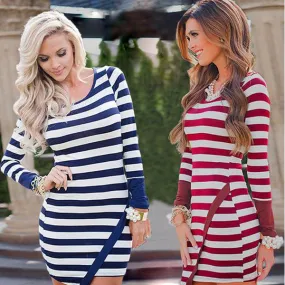 Classic Long Sleeve Scoop Stripe Irregular Short Dress