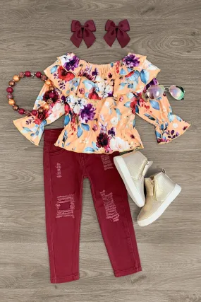 Colorful Floral Ruffle & Burgundy Denim Pant Set