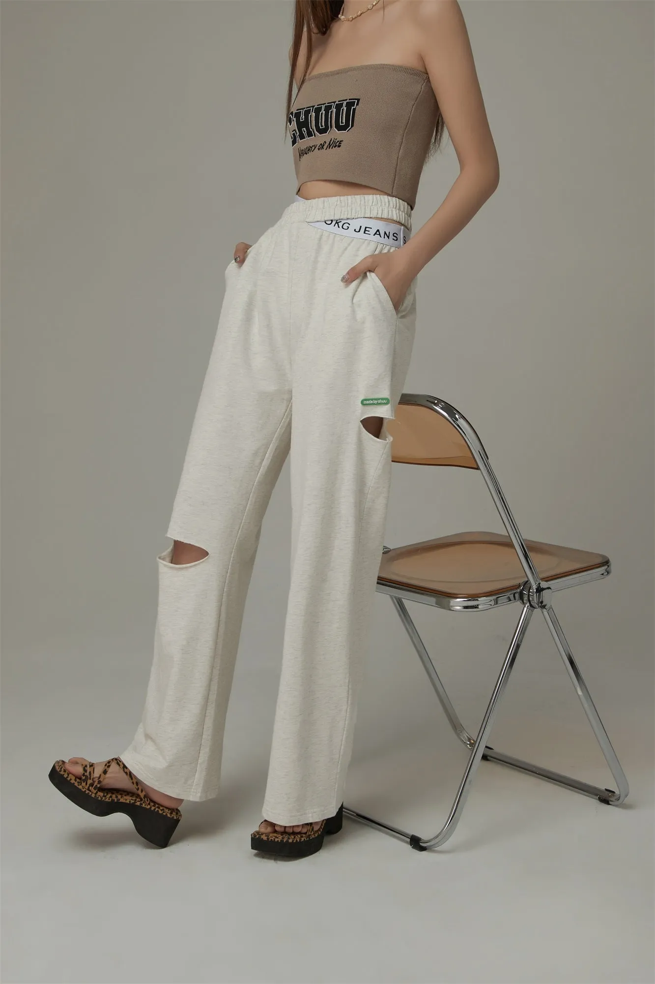 Criss Cross Distressed Wide Pants