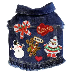 Custom Christmas Denim Dog Jacket With Ruffles Candy Canes