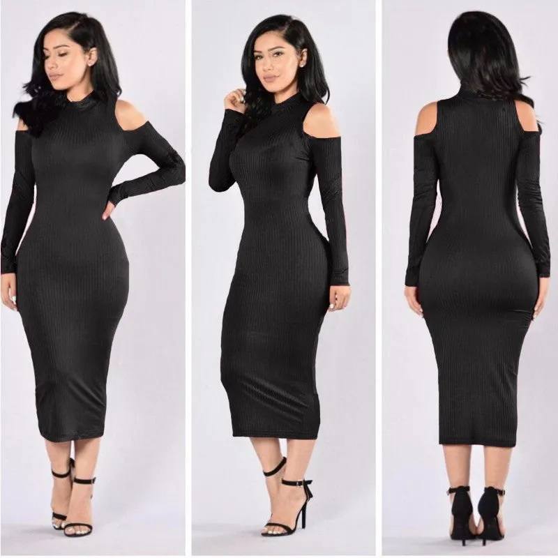 Dew Shoulder Pure Color High Neck long Bodycon Dress