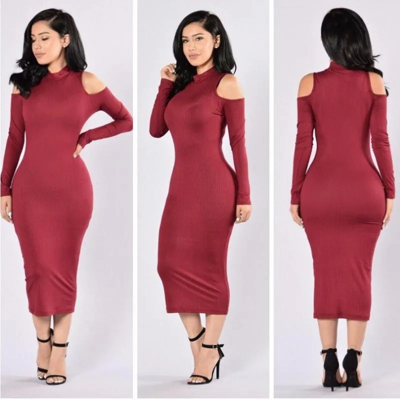 Dew Shoulder Pure Color High Neck long Bodycon Dress