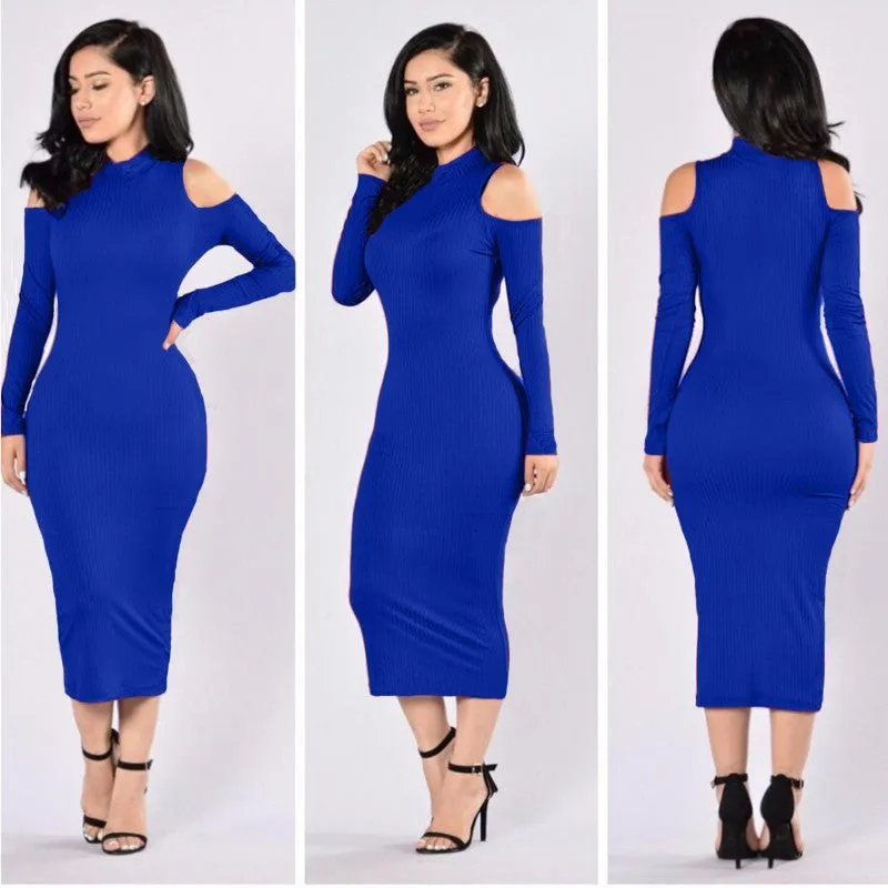 Dew Shoulder Pure Color High Neck long Bodycon Dress