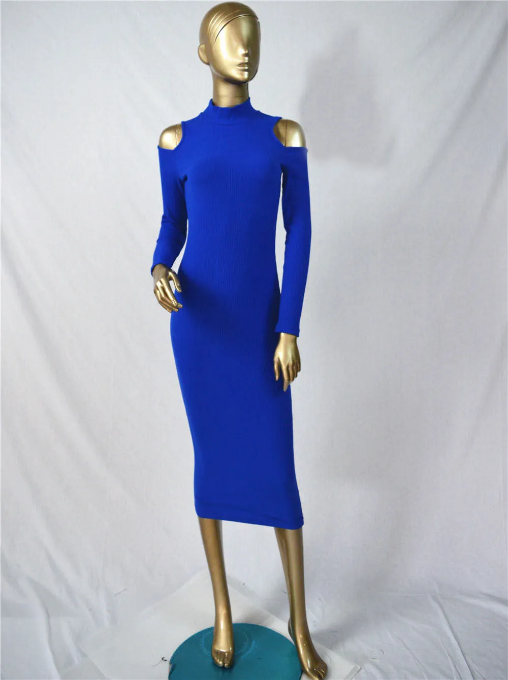 Dew Shoulder Pure Color High Neck long Bodycon Dress