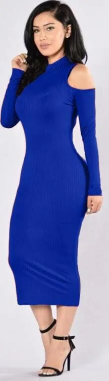 Dew Shoulder Pure Color High Neck long Bodycon Dress