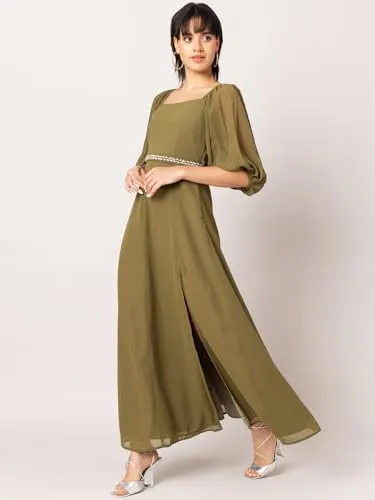 FabAlley Women's Georgette Fit and Flare Maxi Dresses (Green)