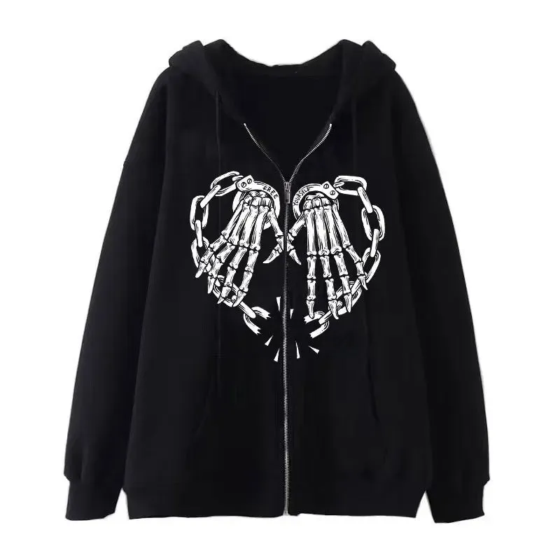 Fashion Retro Oversized Gothic Black Zip Up Hoodie