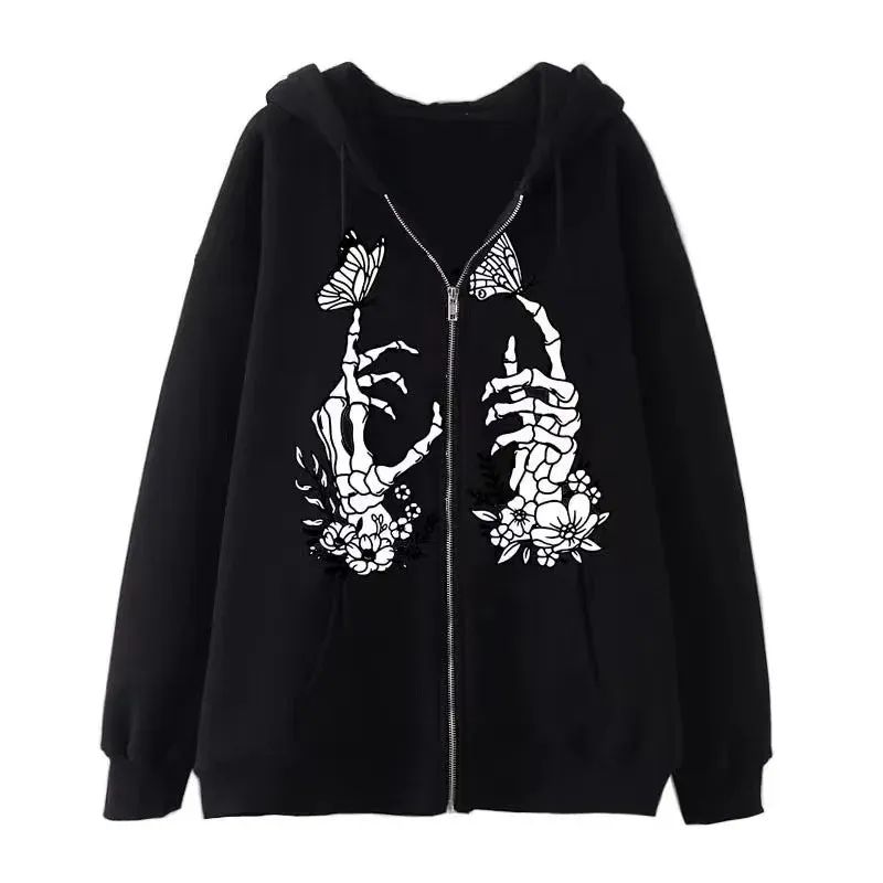 Fashion Retro Oversized Gothic Black Zip Up Hoodie