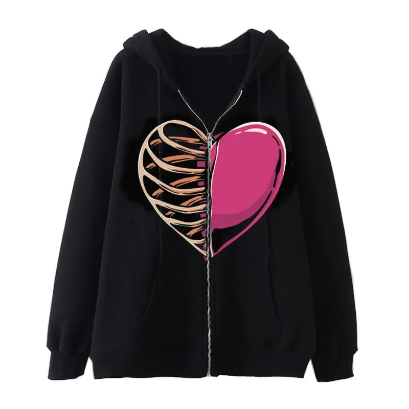 Fashion Retro Oversized Gothic Black Zip Up Hoodie