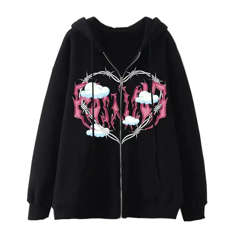 Fashion Retro Oversized Gothic Black Zip Up Hoodie