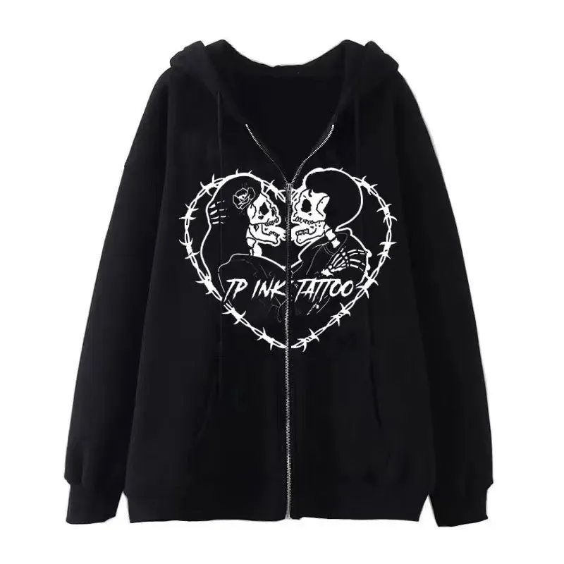 Fashion Retro Oversized Gothic Black Zip Up Hoodie