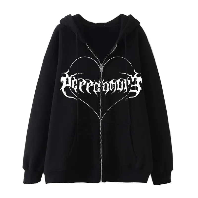 Fashion Retro Oversized Gothic Black Zip Up Hoodie