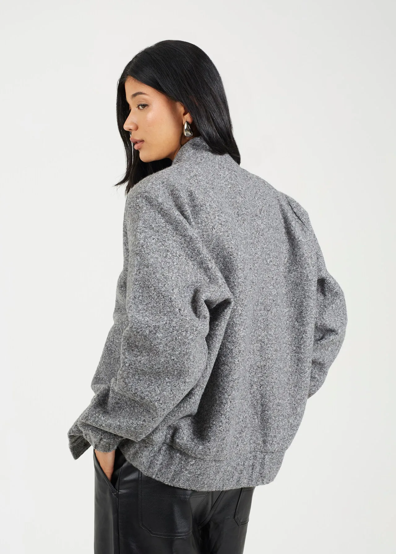 FAUX WOOL BOUCLE BOMBER JACKET, CHARCOAL