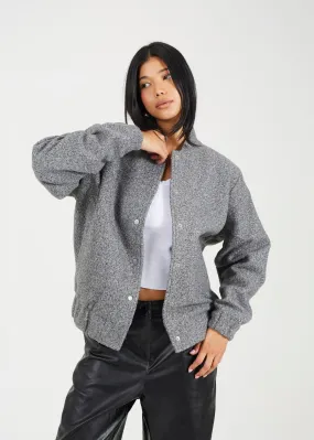 FAUX WOOL BOUCLE BOMBER JACKET, CHARCOAL