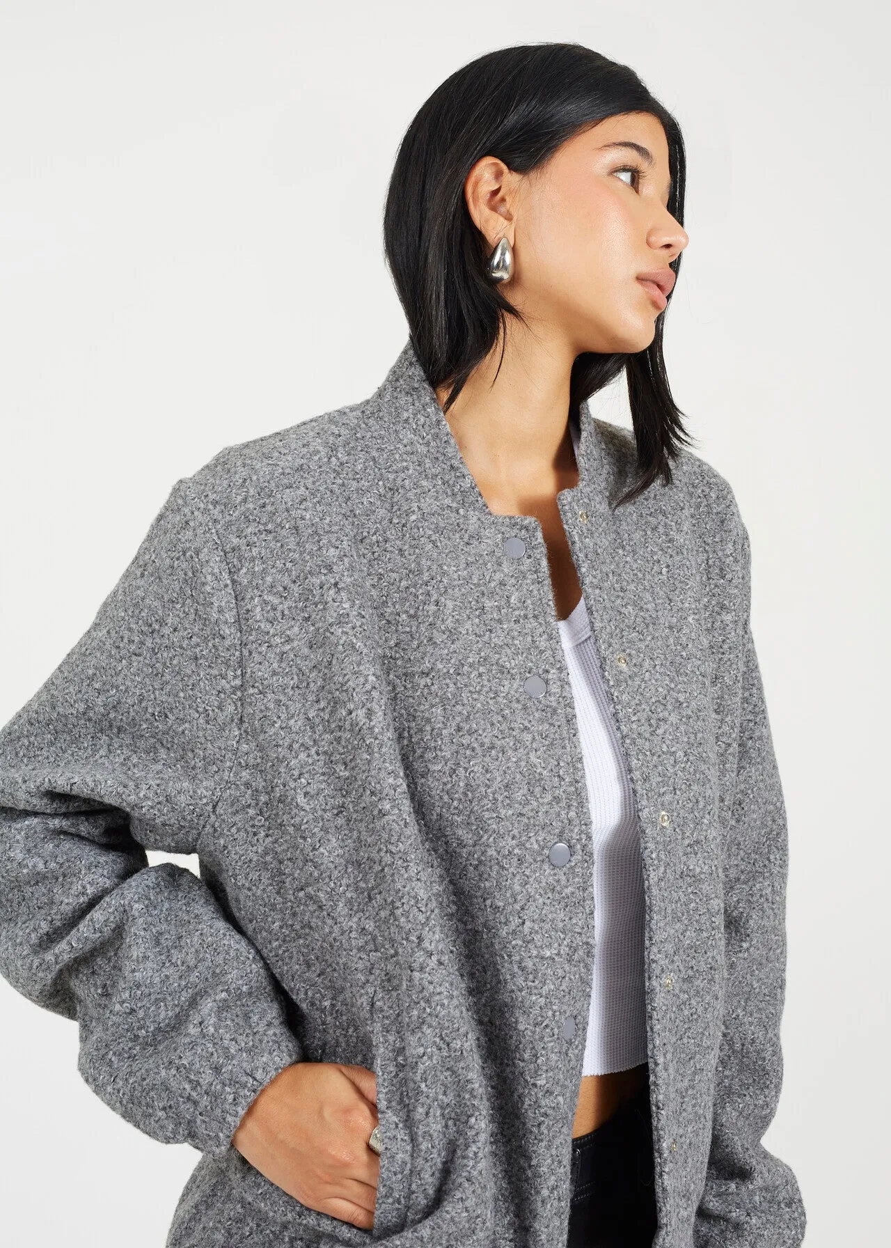 FAUX WOOL BOUCLE BOMBER JACKET, CHARCOAL