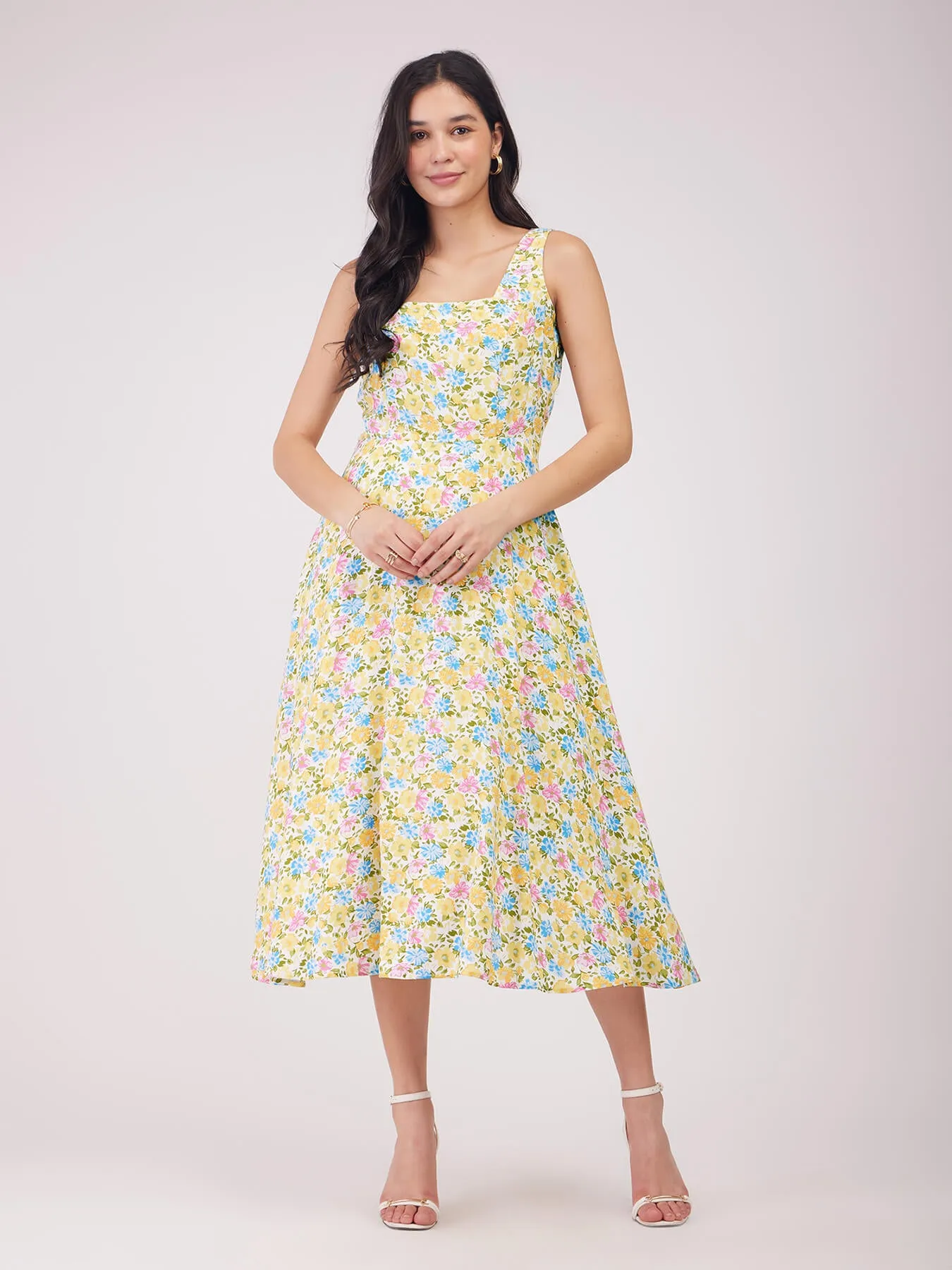 Fit And Flare Floral Dress - Yellow