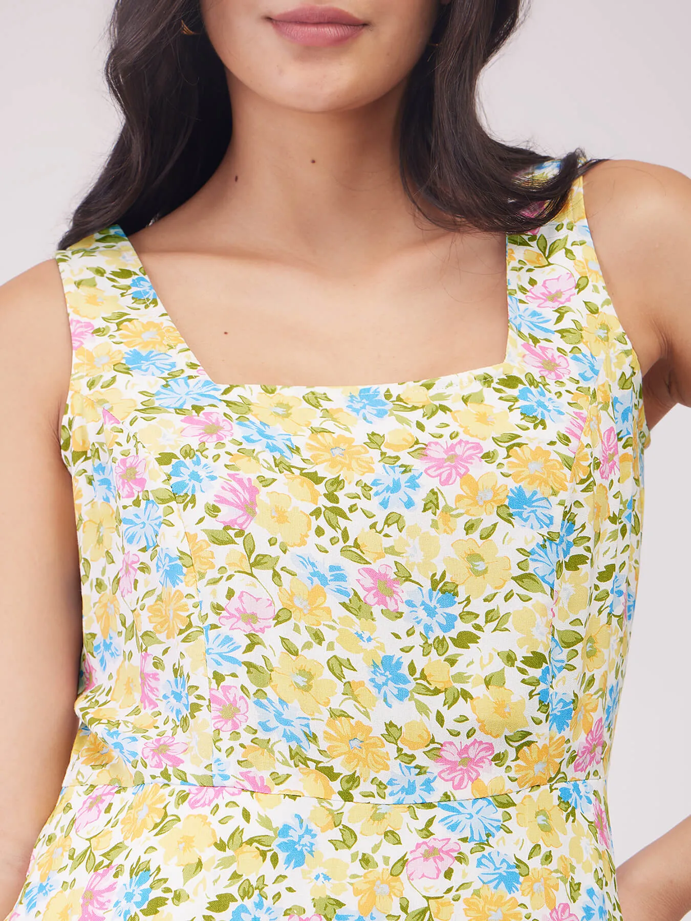 Fit And Flare Floral Dress - Yellow