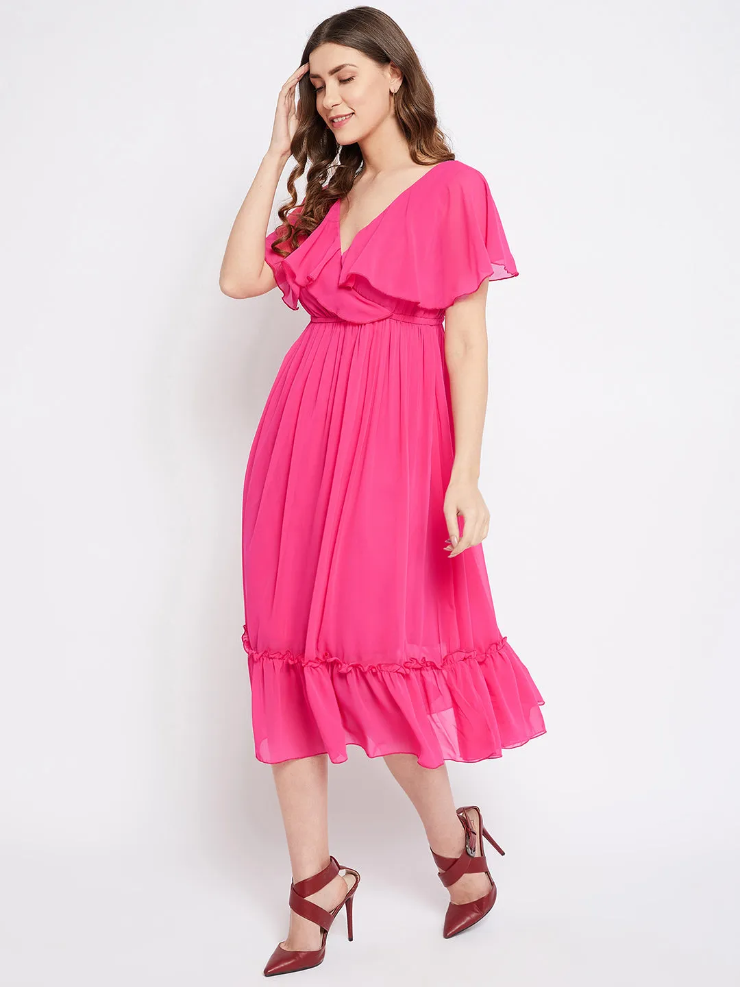 Fuchsia Georgette Fit & Flare Midi Dress