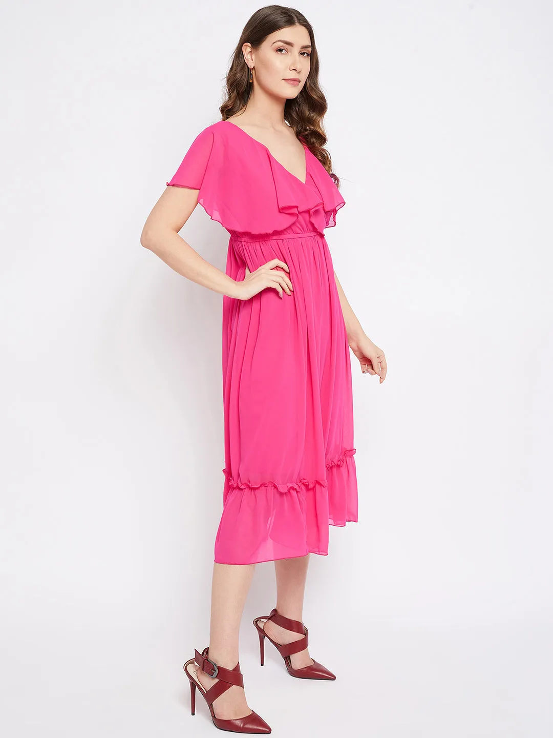 Fuchsia Georgette Fit & Flare Midi Dress