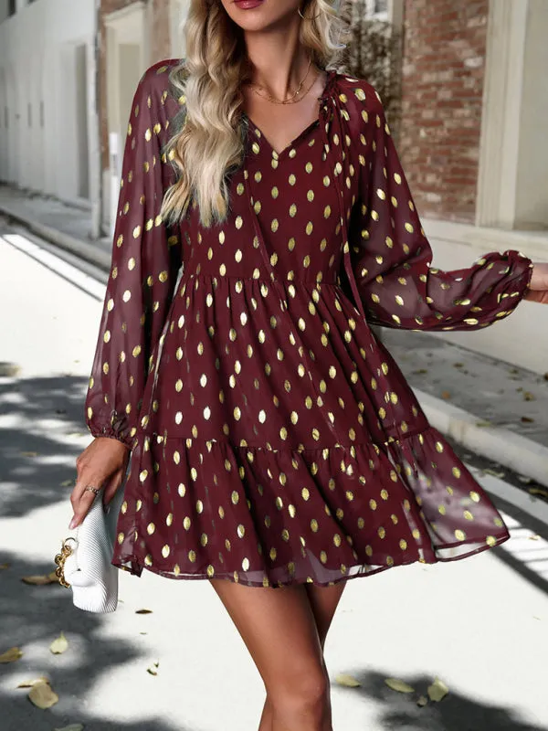 Gold Dot Chiffon V Neck Long Sleeve Tiered Dress