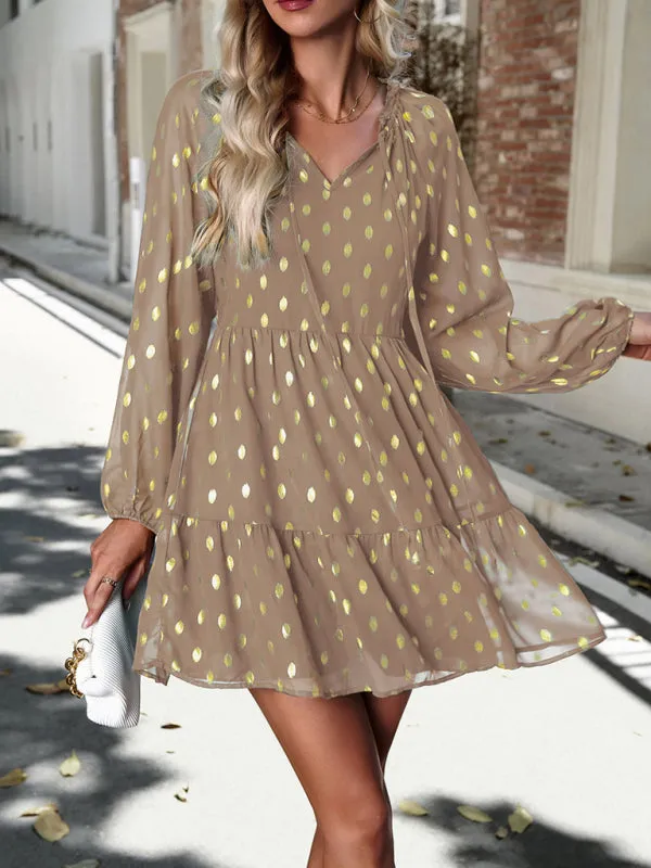 Gold Dot Chiffon V Neck Long Sleeve Tiered Dress