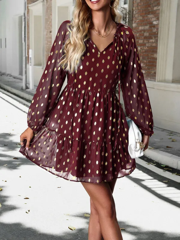 Gold Dot Chiffon V Neck Long Sleeve Tiered Dress