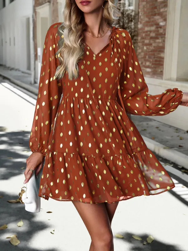 Gold Dot Chiffon V Neck Long Sleeve Tiered Dress