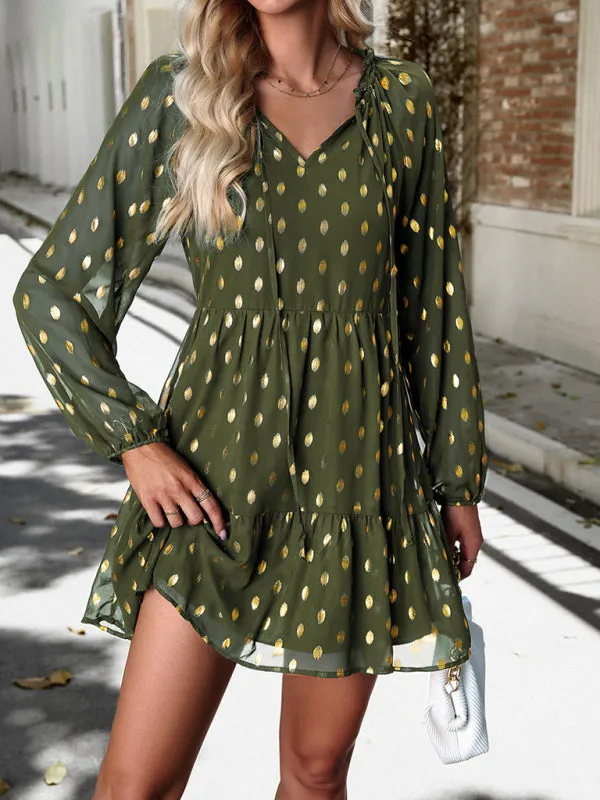 Gold Dot Chiffon V Neck Long Sleeve Tiered Dress