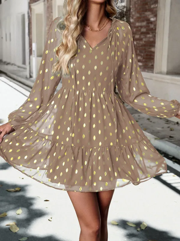 Gold Dot Chiffon V Neck Long Sleeve Tiered Dress