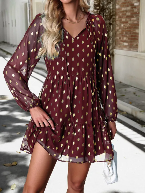 Gold Dot Chiffon V Neck Long Sleeve Tiered Dress