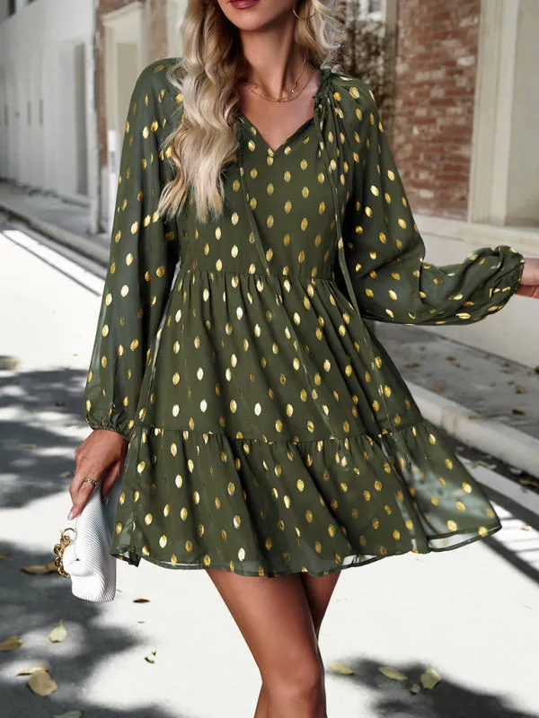 Gold Dot Chiffon V Neck Long Sleeve Tiered Dress