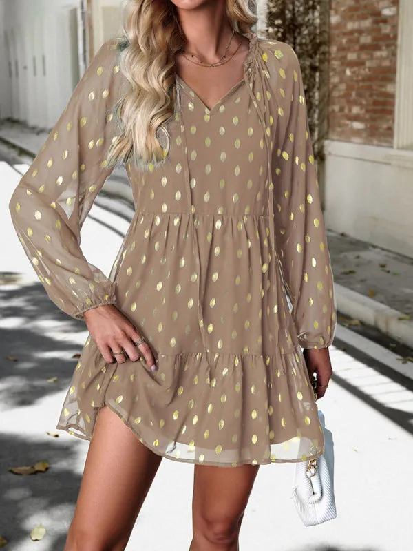 Gold Dot Chiffon V Neck Long Sleeve Tiered Dress